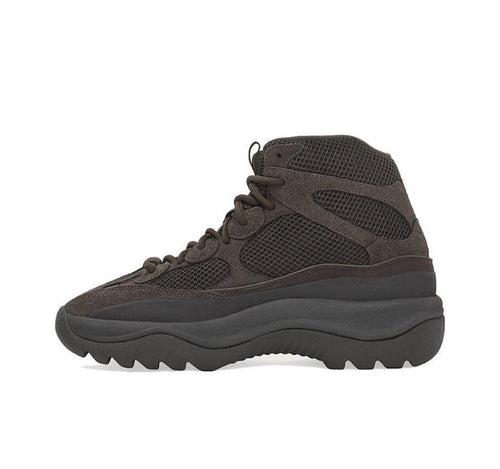 Dark brown high-top boots with mesh panels, lace-up front, thick sole