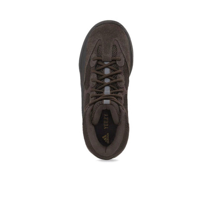 Dark brown lace-up boot viewed from toe, with padded collar and dark lining