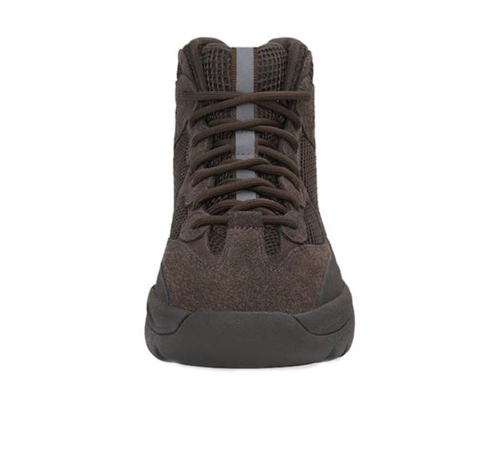 Dark brown high-top lace-up boot with textured upper and cushioned ankle collar